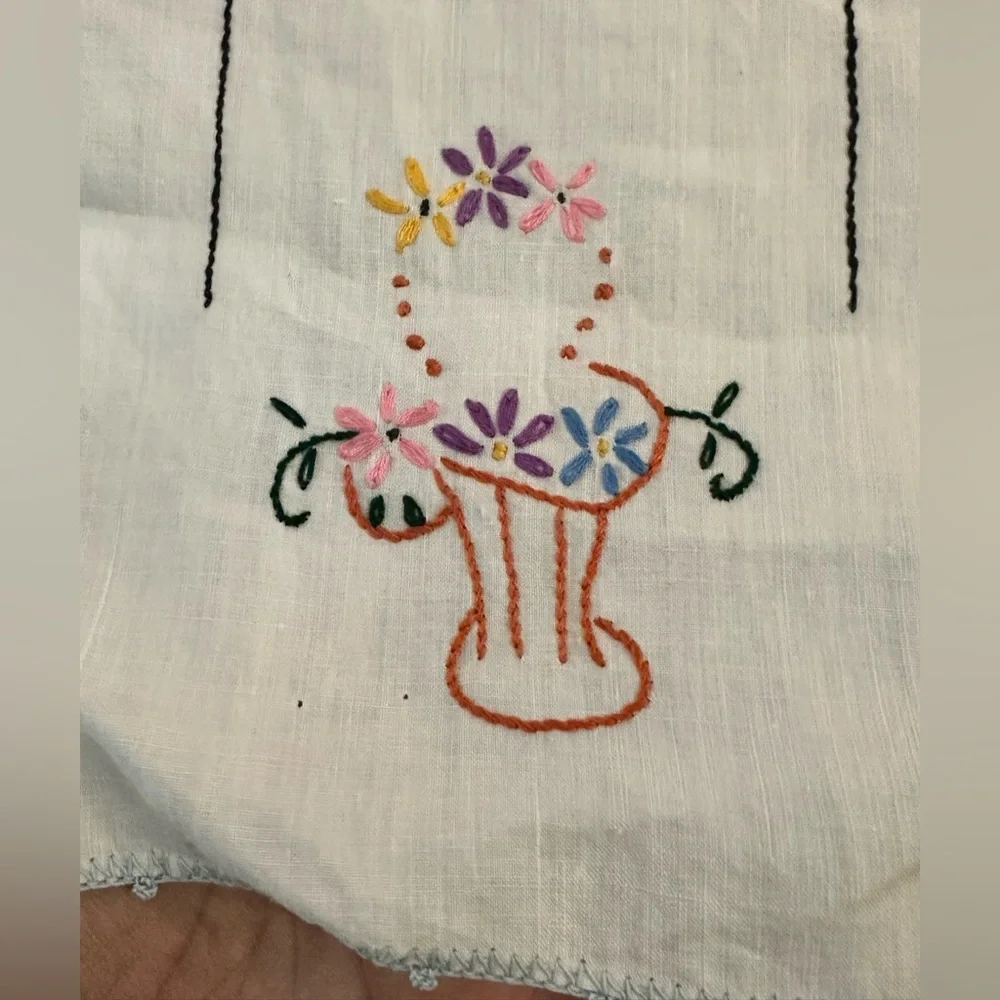 Vintage Pair of His and Hers Handmade Floral Embroidered Crocheted Hand Towels.